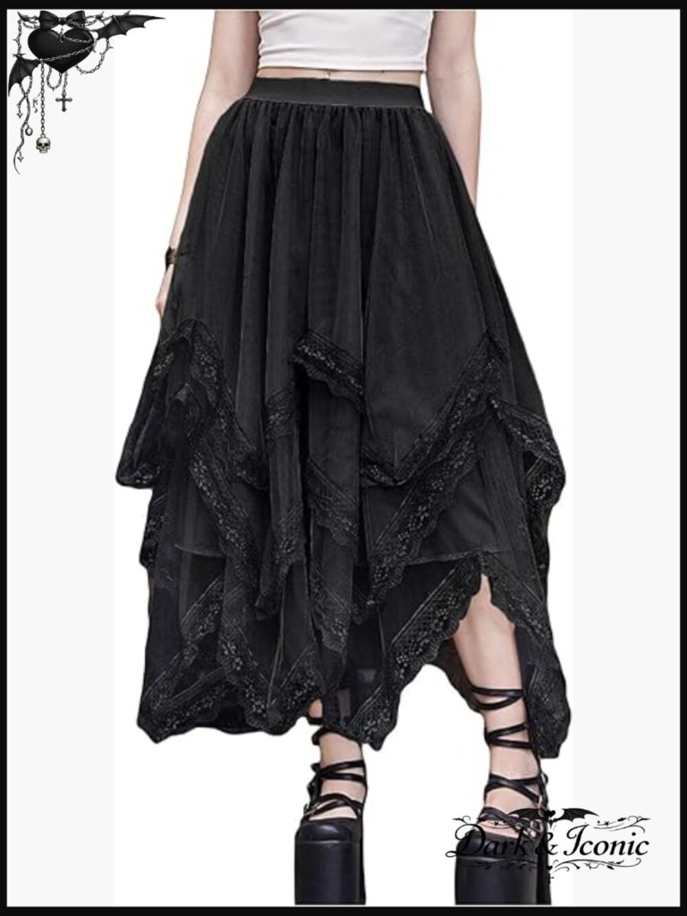 Lace Trim Layered Mesh Tulle Skirt High Waist Asymmetrical Long Goth